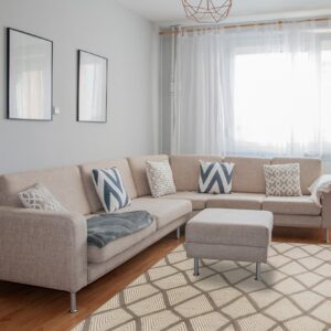 A taupe and light beige geometric rug with concentric diamond patterns anchors a neutral living room setup.