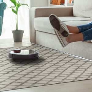 A robotic vacuum cleans a light rug with a darker gray trellis pattern in a sunny living room.