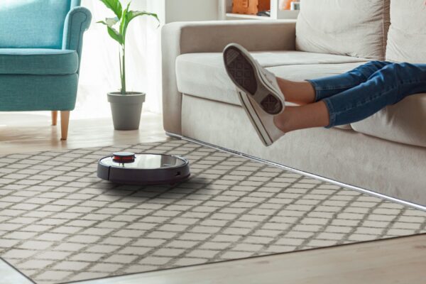 A robotic vacuum cleans a light rug with a darker gray trellis pattern in a sunny living room.