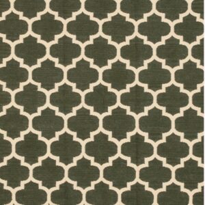 Flatwoven rug featuring a dark green field and a repeating cream geometric trellis design.