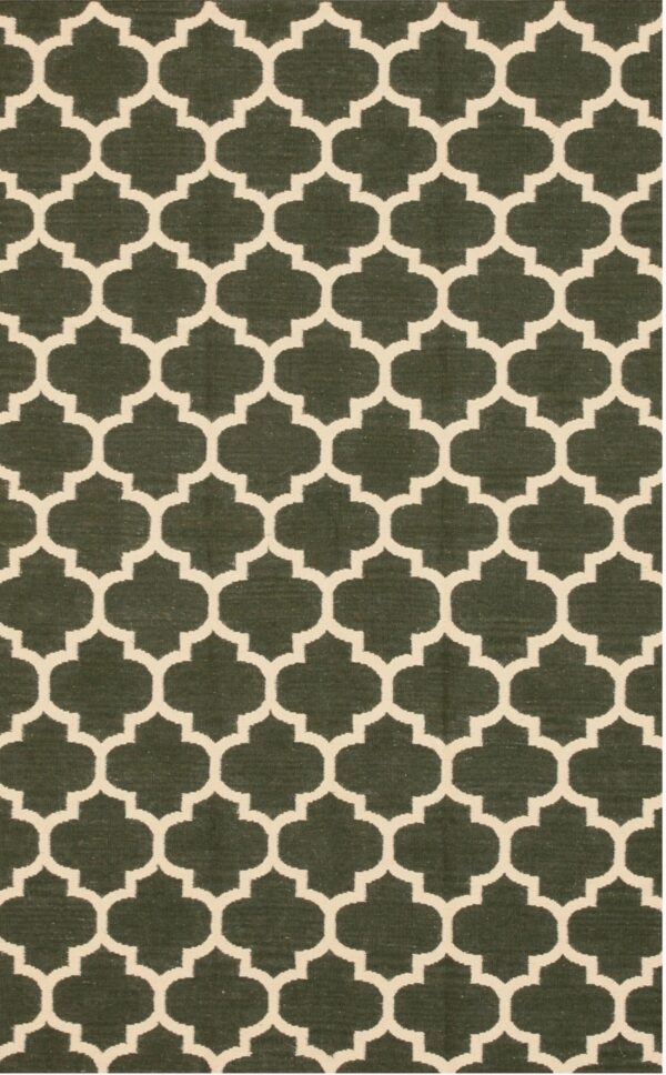 Flatwoven rug featuring a dark green field and a repeating cream geometric trellis design.