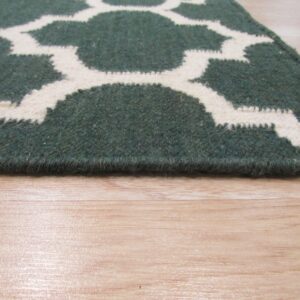 Deep green and cream geometric rug with medium pile on glossy hardwood.