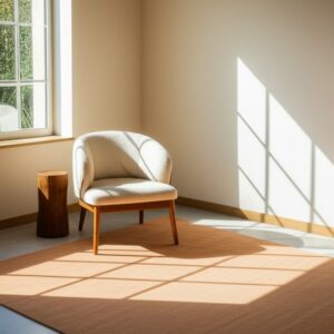 Sunlight casts window shadows across a terracotta low-pile rug, a white chair, and a wooden stump table.