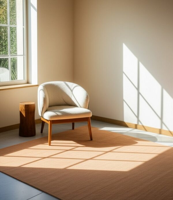 Sunlight casts window shadows across a terracotta low-pile rug, a white chair, and a wooden stump table.