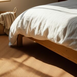 A tan and cream chevron woven rug is partially shadowed beneath a wooden bed frame in a sunny room.