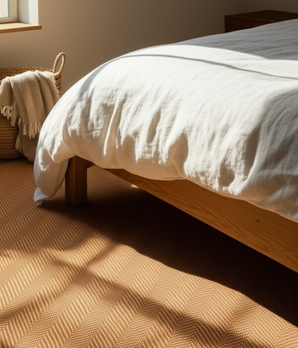 A tan and cream chevron woven rug is partially shadowed beneath a wooden bed frame in a sunny room.