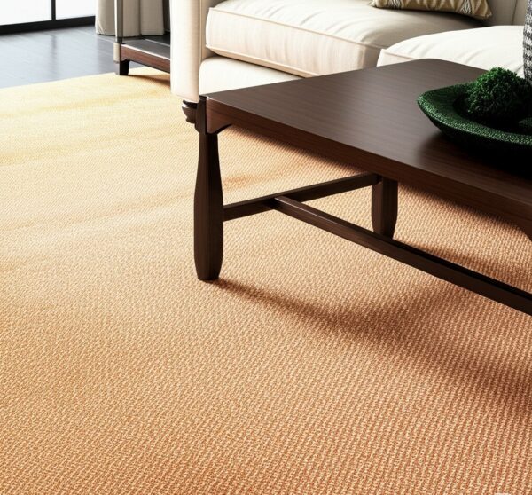 Textured tan and cream ombré rug covers the floor beneath a dark wood coffee table.