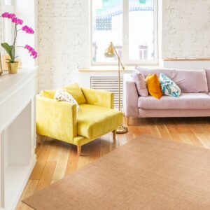 A low-pile reddish-brown rug with a geometric diamond pattern anchors a bright living room with colorful velvet furniture.