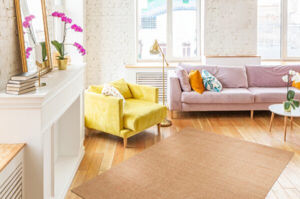 A low-pile reddish-brown rug with a geometric diamond pattern anchors a bright living room with colorful velvet furniture.