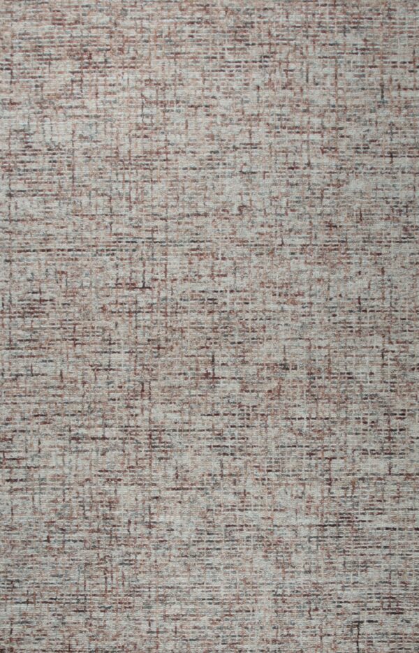 Textured rug surface featuring an abstract grid pattern woven with cream, rust, and gray colors.