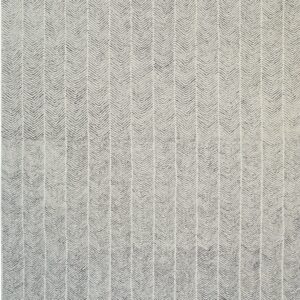 Textured gray and cream rug with a vertical chevron pattern and thick geometric trellis borders.