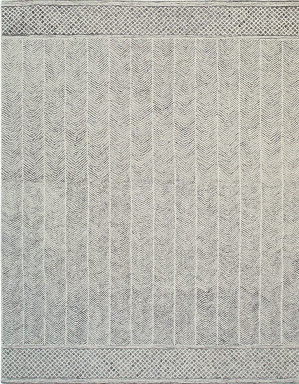 Textured gray and cream rug with a vertical chevron pattern and thick geometric trellis borders.