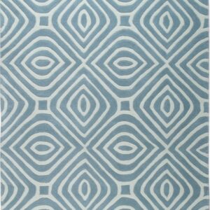 Textured blue and white rug with carved concentric diamond and ovoid geometric patterns.