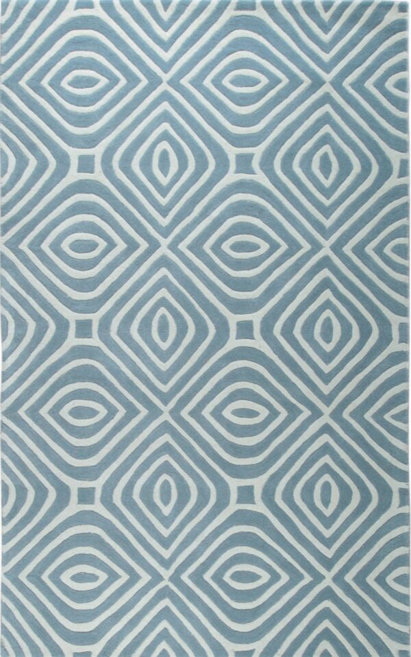 Textured blue and white rug with carved concentric diamond and ovoid geometric patterns.