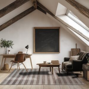 A striped gray and taupe rug is centered beneath a desk and armchair in a rustic attic office.