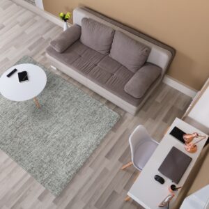 Textured gray and sage area rug on light wood floors beneath a white table and taupe sofa.