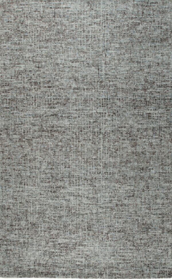 Full view of a dense, textured rug with a multi-tonal gray and taupe speckled grid pattern.