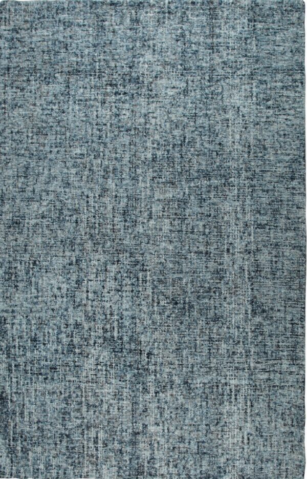 Densely textured low-pile rug blending mottled blue, teal, and gray colors.