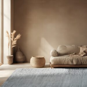 A gray area rug with a streaked white abstract pattern sits under a beige sofa and large window.