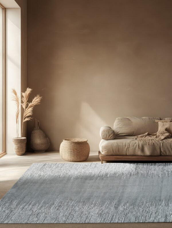 A gray area rug with a streaked white abstract pattern sits under a beige sofa and large window.
