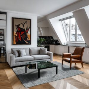 A slate gray striated rug anchors a modern living space with a gray sofa and a brown leather chair on parquet floors.