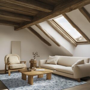 Rectangular blue and light gray geometric rug anchors a loft space with wood beams and neutral seating.