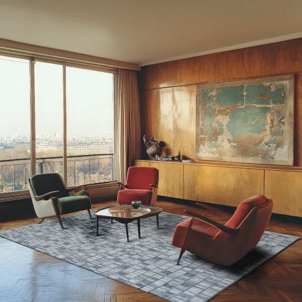 Gray geometric rug placed beneath three mid-century armchairs in a bright, wood-paneled room.