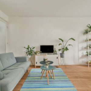 Blue, green, and yellow striped runner rug on wood flooring in a modern living space with a blue sofa.