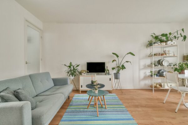 Blue, green, and yellow striped runner rug on wood flooring in a modern living space with a blue sofa.