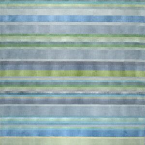 Striped rug featuring horizontal bands of segmented blue, green, yellow, and gray lines.