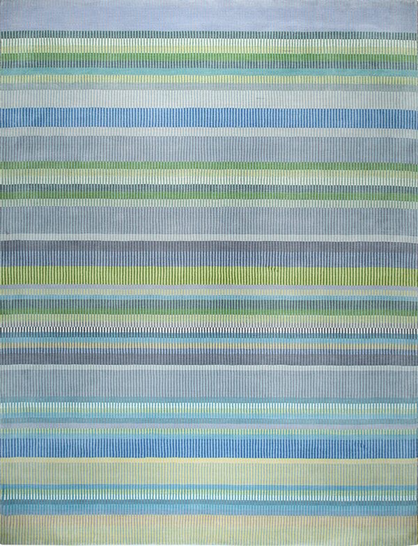 Striped rug featuring horizontal bands of segmented blue, green, yellow, and gray lines.