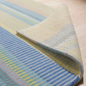 Blue, yellow, and teal low-pile rug with broken stripes is curled back on light wood flooring.