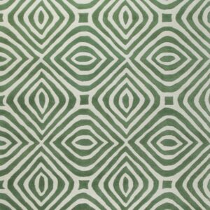 A plush rug features a repeating geometric pattern of concentric diamonds in sage green and cream.