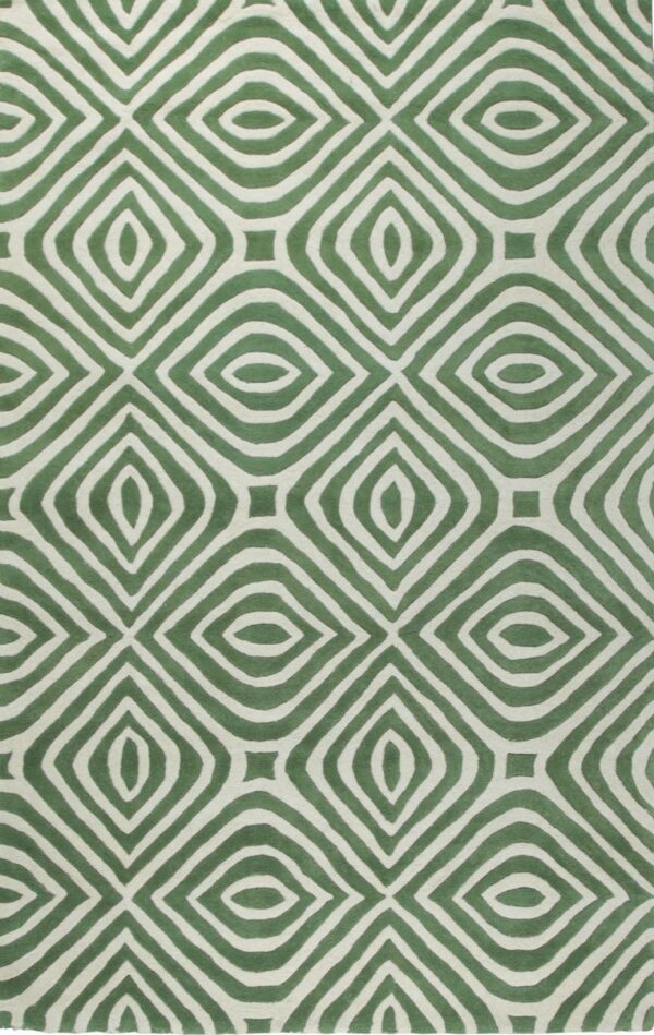 A plush rug features a repeating geometric pattern of concentric diamonds in sage green and cream.