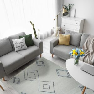 Pale blue-green rug with navy diamond outlines is centered between two light gray couches.