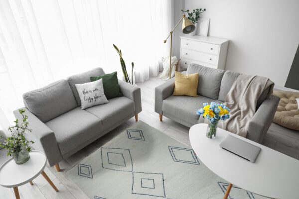 Pale blue-green rug with navy diamond outlines is centered between two light gray couches.