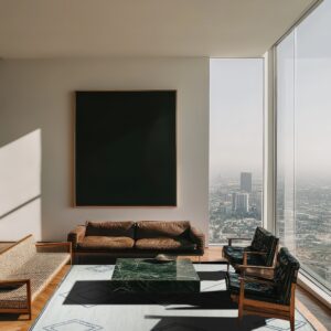 A light gray rug with blue diamond patterns anchors a high-rise living room with leather furniture and city views.