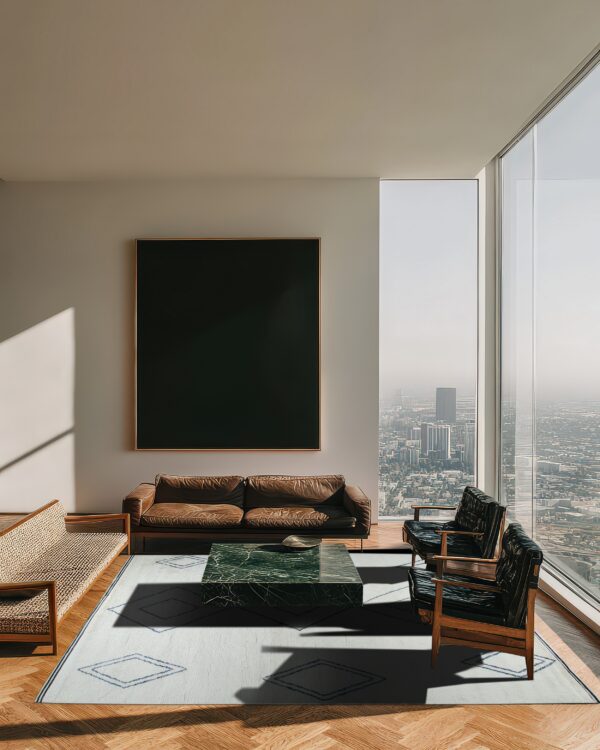 A light gray rug with blue diamond patterns anchors a high-rise living room with leather furniture and city views.
