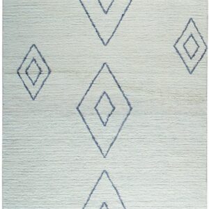 Lightly textured off-white rug featuring dark blue geometric diamond shapes and fringe ends.