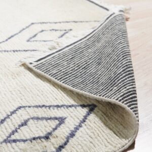 High-pile cream rug with blue diamonds is folded back, showing its striped backing on light wood.