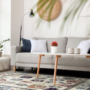 A cream, blue, and rust medallion patterned rug sits under a wooden coffee table in a bright modern living room.