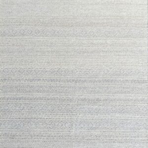 Textured light gray and white rug displaying horizontal stripes of alternating weave patterns.