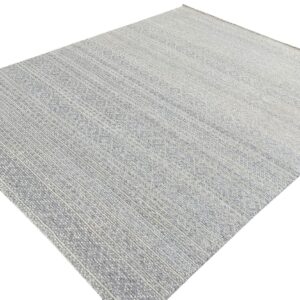 Speckled gray and white rug with thin vertical stripes displayed against a bright white background.