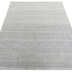 Textured low-pile rug featuring horizontal light blue and cream striped bands with subtle internal geometric patterns.