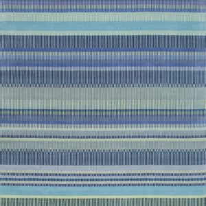 Blue, aqua, and gray striped rug featuring narrow horizontal bands of woven vertical dashes.