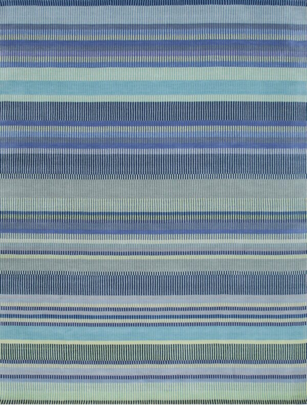 Blue, aqua, and gray striped rug featuring narrow horizontal bands of woven vertical dashes.