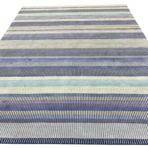 Striped rug with textured bands of short vertical lines in shades of blue, gray, and cream.