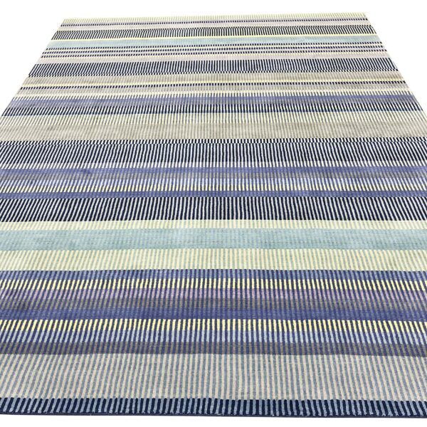 Striped rug with textured bands of short vertical lines in shades of blue, gray, and cream.