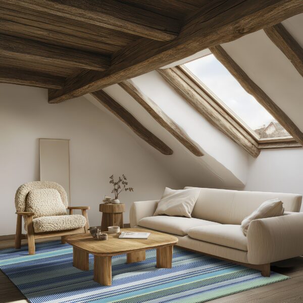 Blue, teal, and pale yellow striped rug in a rustic attic room with a sofa and exposed wood beams.