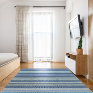 A blue, teal, and lime striped rug covers a wood floor in a brightly lit, modern room.